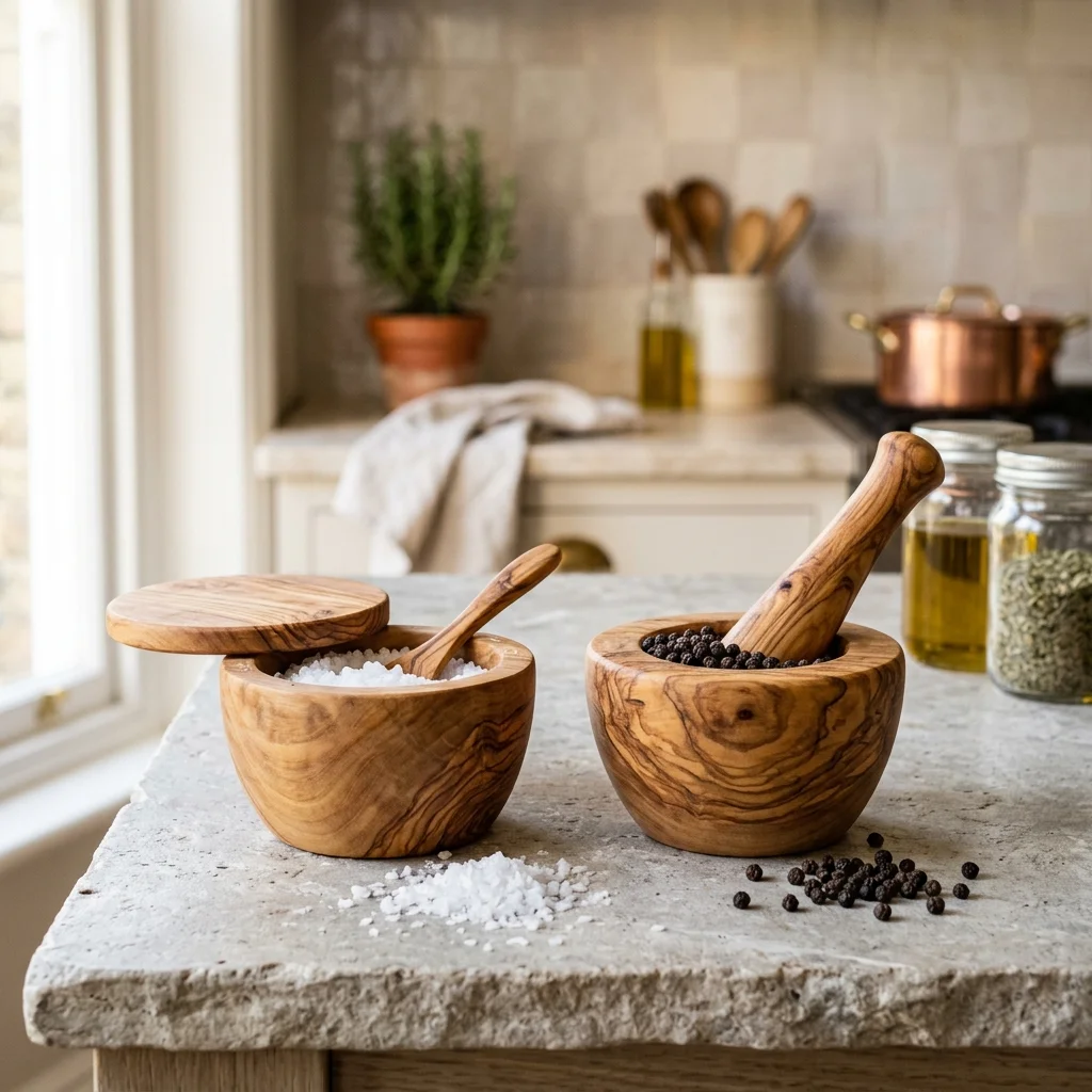 Mortaio e accessori cucina in legno d'ulivo