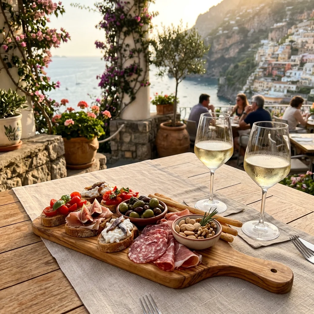 Aperitivo all'italiana servito all'aperto su tagliere in legno d'ulivo